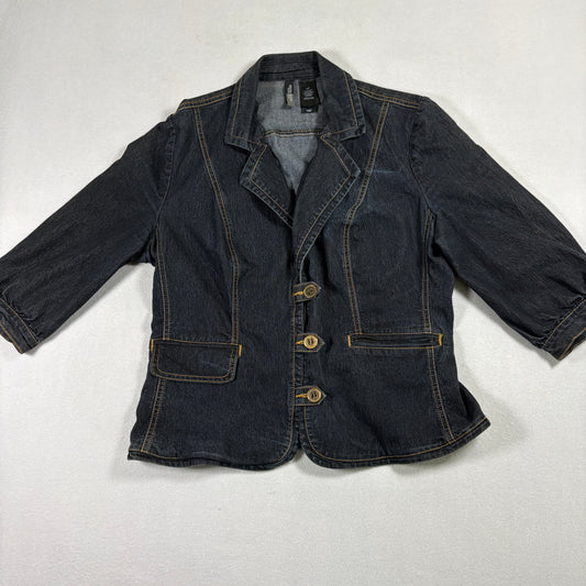 Bisou Bisou Womens Denim Blazer Jacket Size Large Dark Wash Stretch Y2K 90s Grunge
