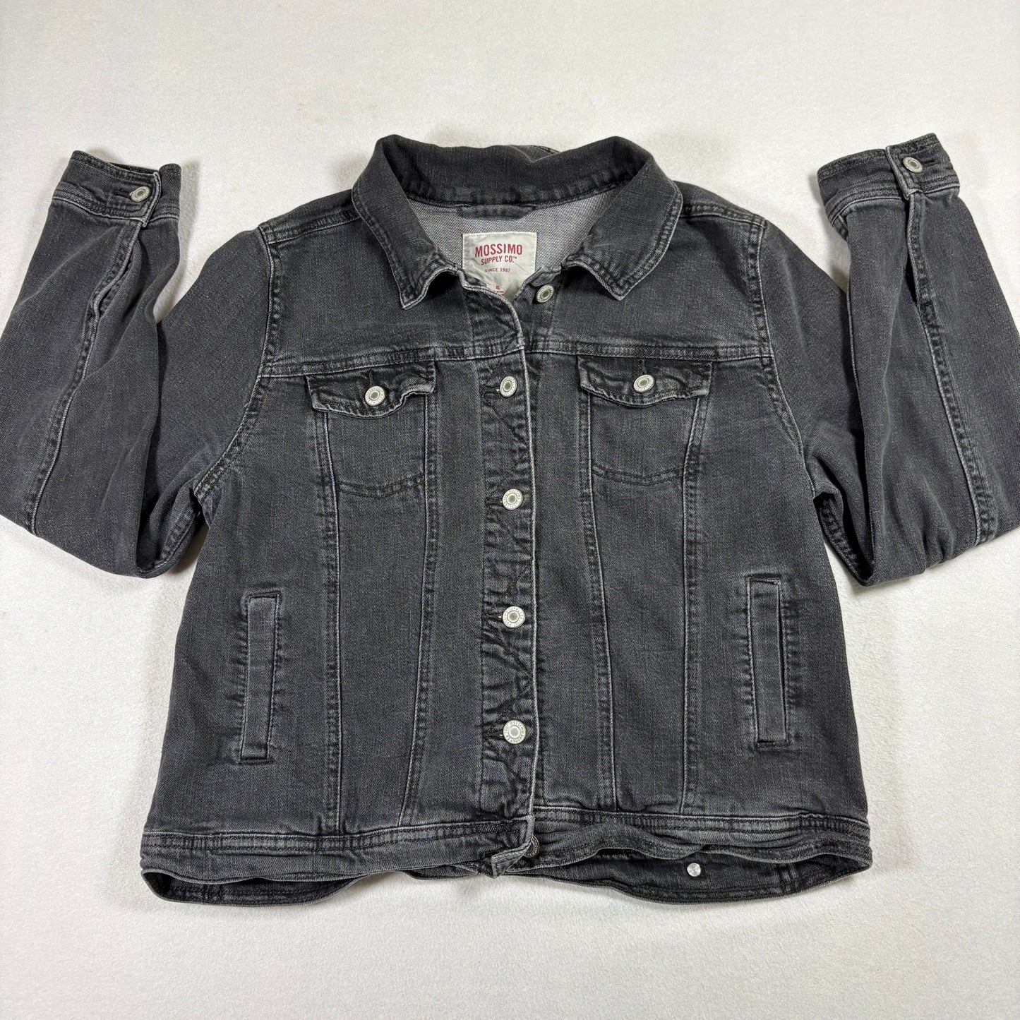 Mossimo Womens Black Denim Jacket XL Washed Trucker Y2K 90s Grunge Distressed