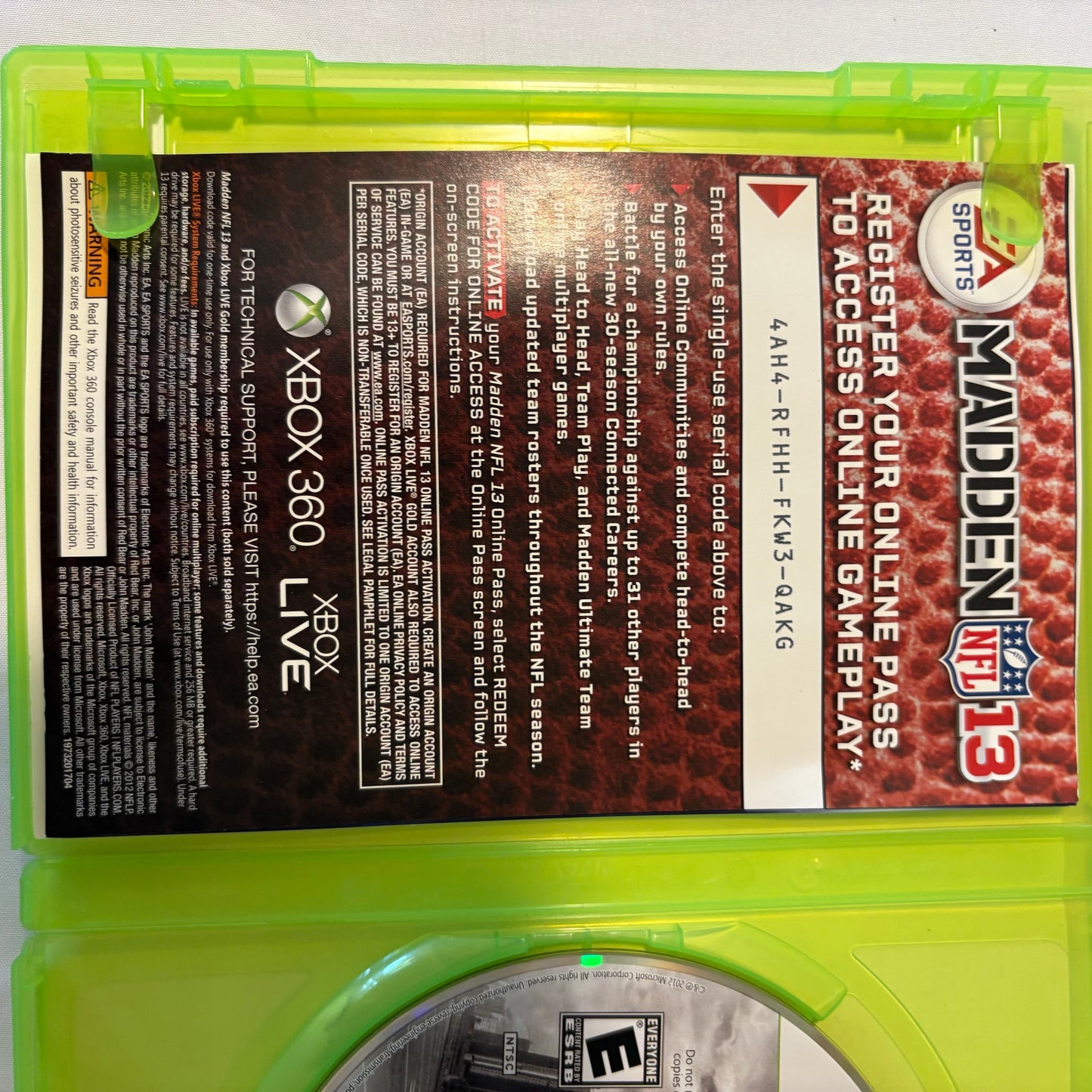 Madden NFL 13 Xbox 360 Complete CIB EA Sports 2012 Tested Disc Manual Online Pass