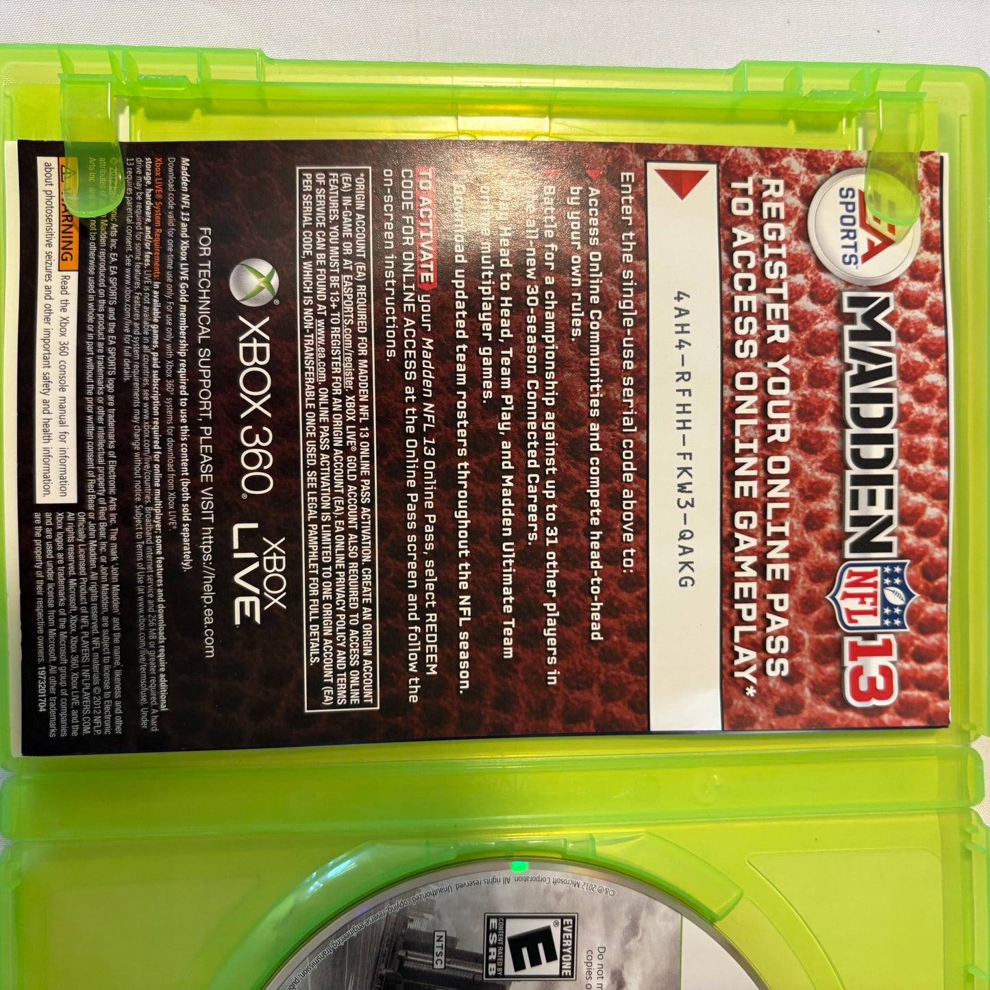 Madden NFL 13 Xbox 360 Complete CIB EA Sports 2012 Tested Disc Manual Online Pass