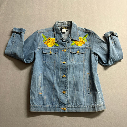 Bob Mackie Wearable Art Rose Embroidered Denim Jacket Womens Small Floral