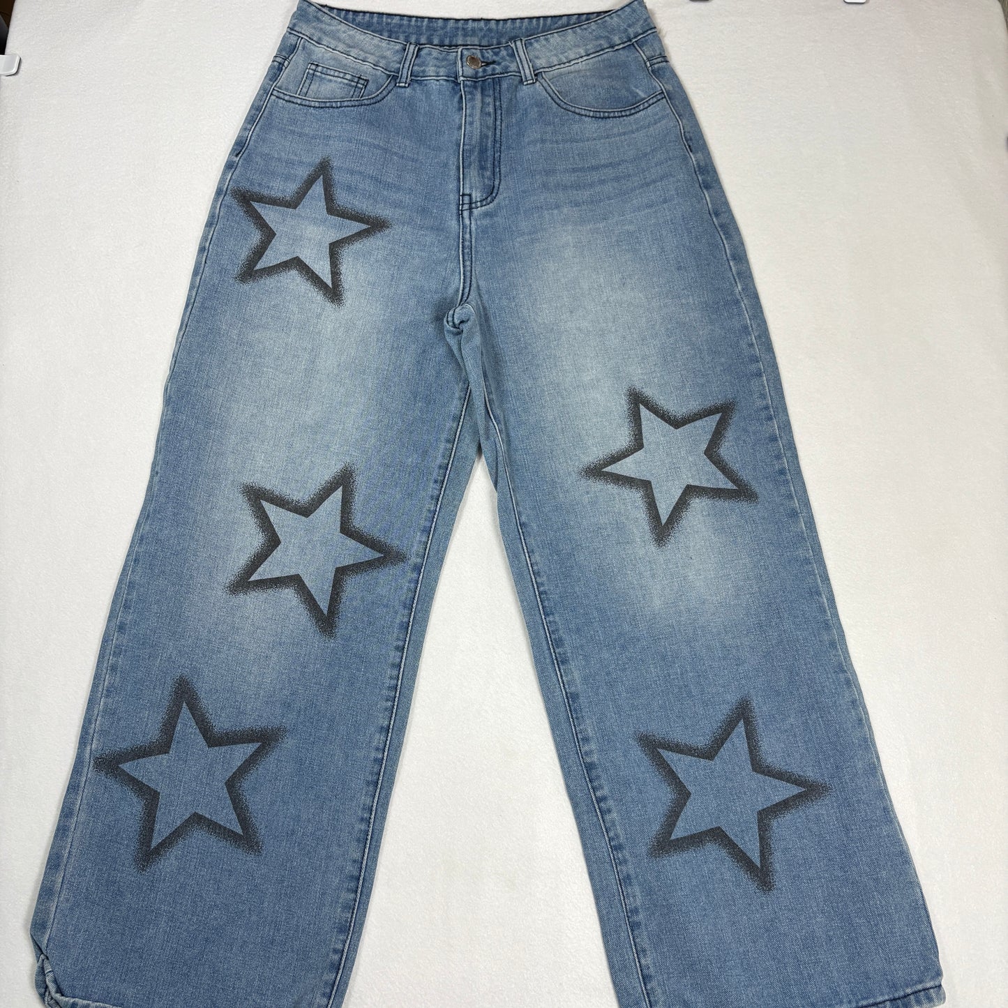 Shein Womens Blue Baggy Jeans Size S Y2K 90s Grunge Star Print Wide Leg Denim