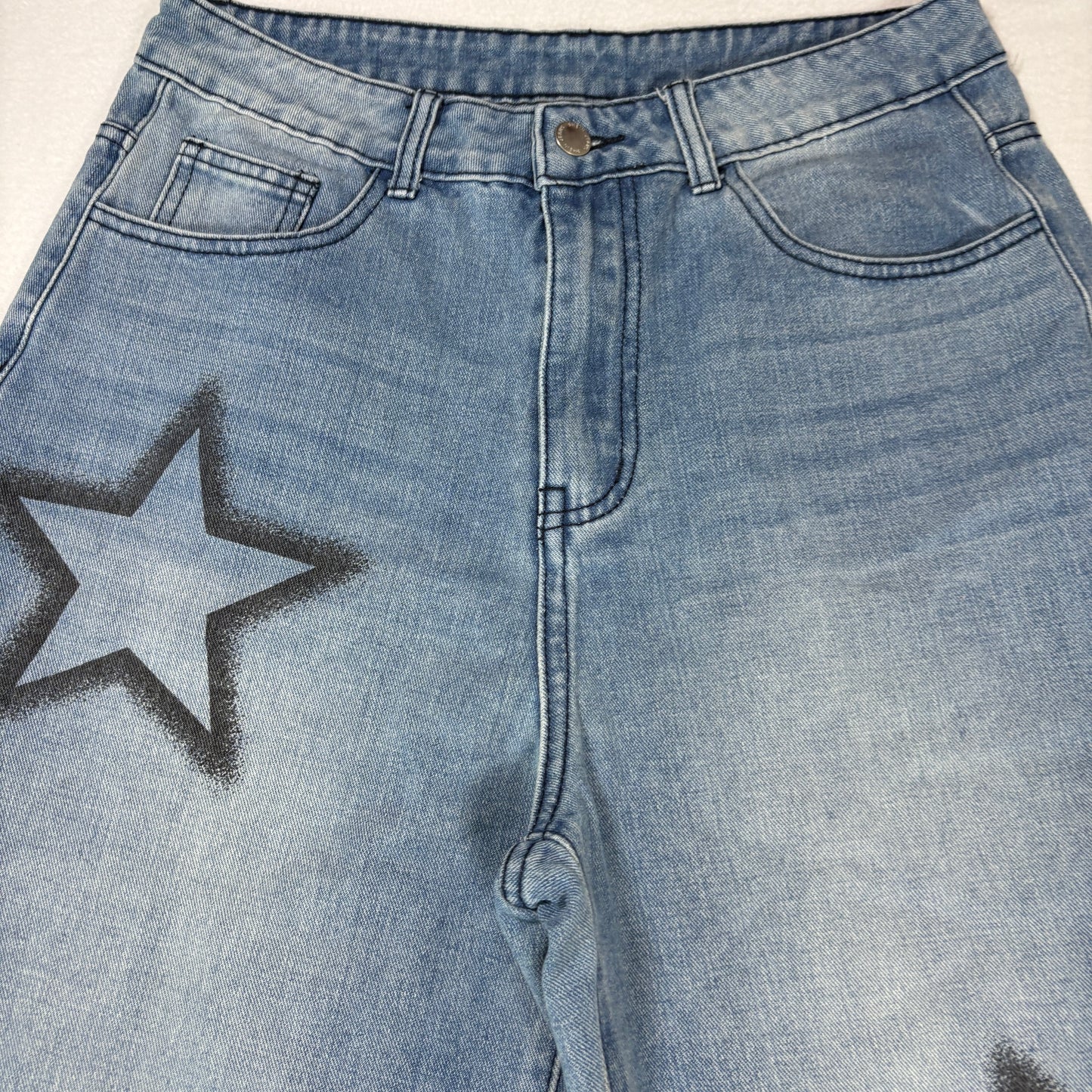 Shein Womens Blue Baggy Jeans Size S Y2K 90s Grunge Star Print Wide Leg Denim
