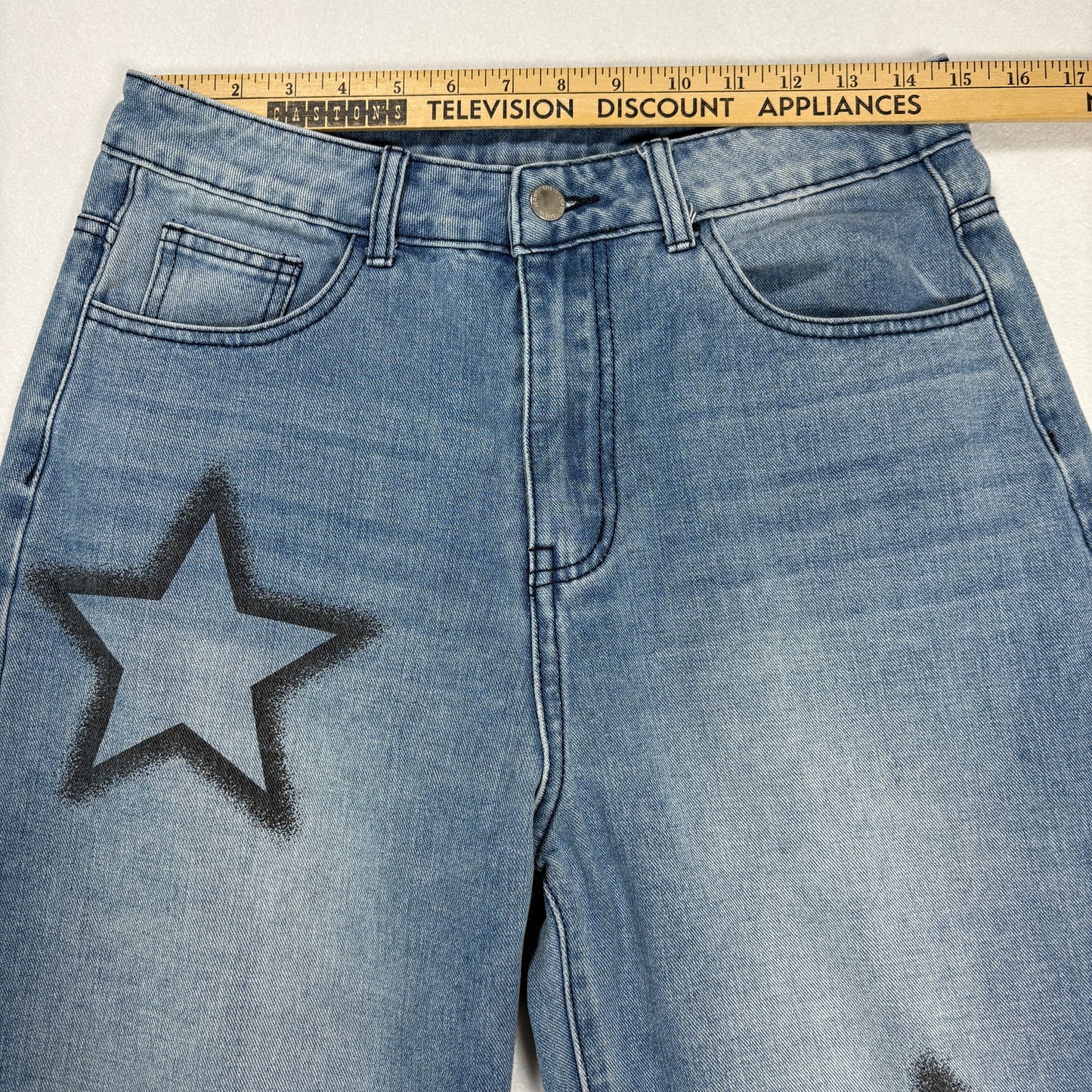 Shein Womens Blue Baggy Jeans Size S Y2K 90s Grunge Star Print Wide Leg Denim