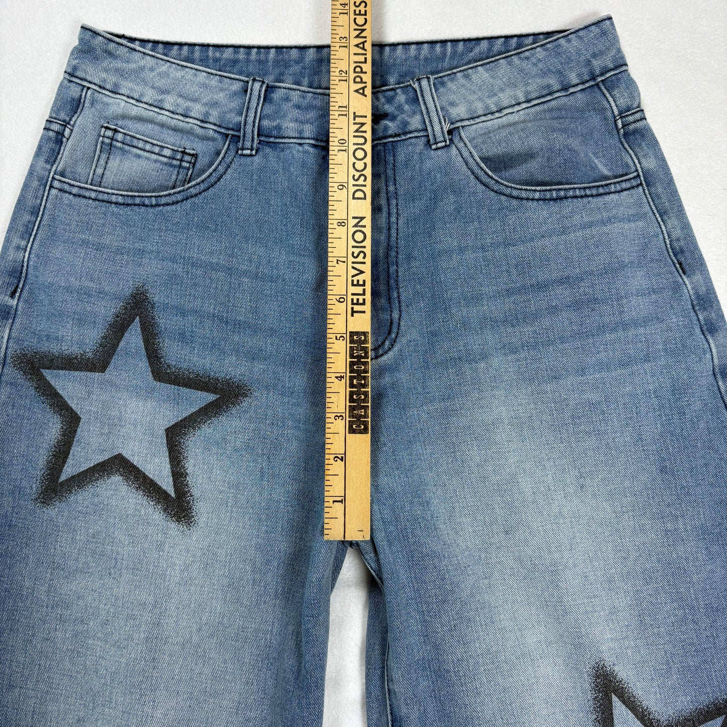 Shein Womens Blue Baggy Jeans Size S Y2K 90s Grunge Star Print Wide Leg Denim