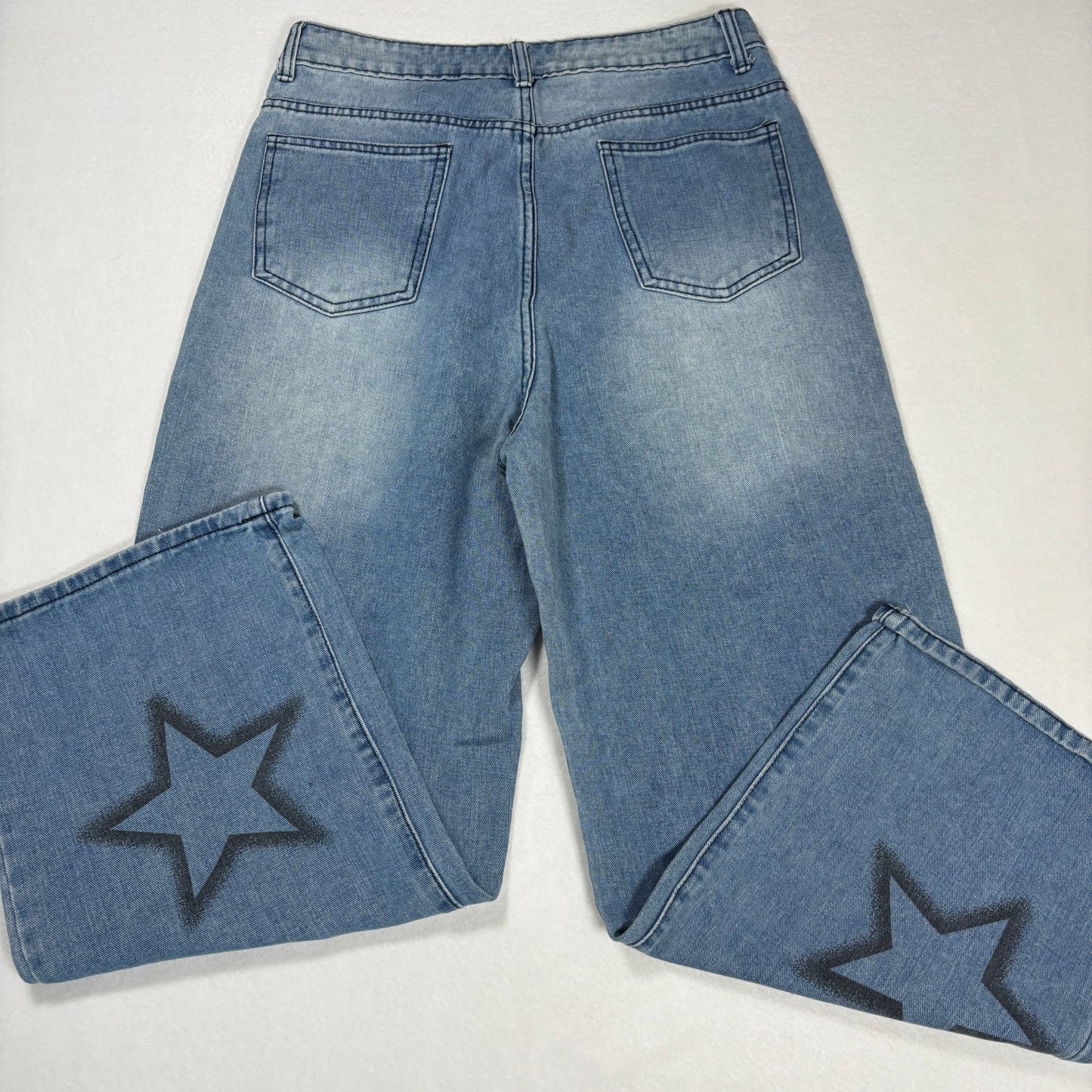 Shein Womens Blue Baggy Jeans Size S Y2K 90s Grunge Star Print Wide Leg Denim