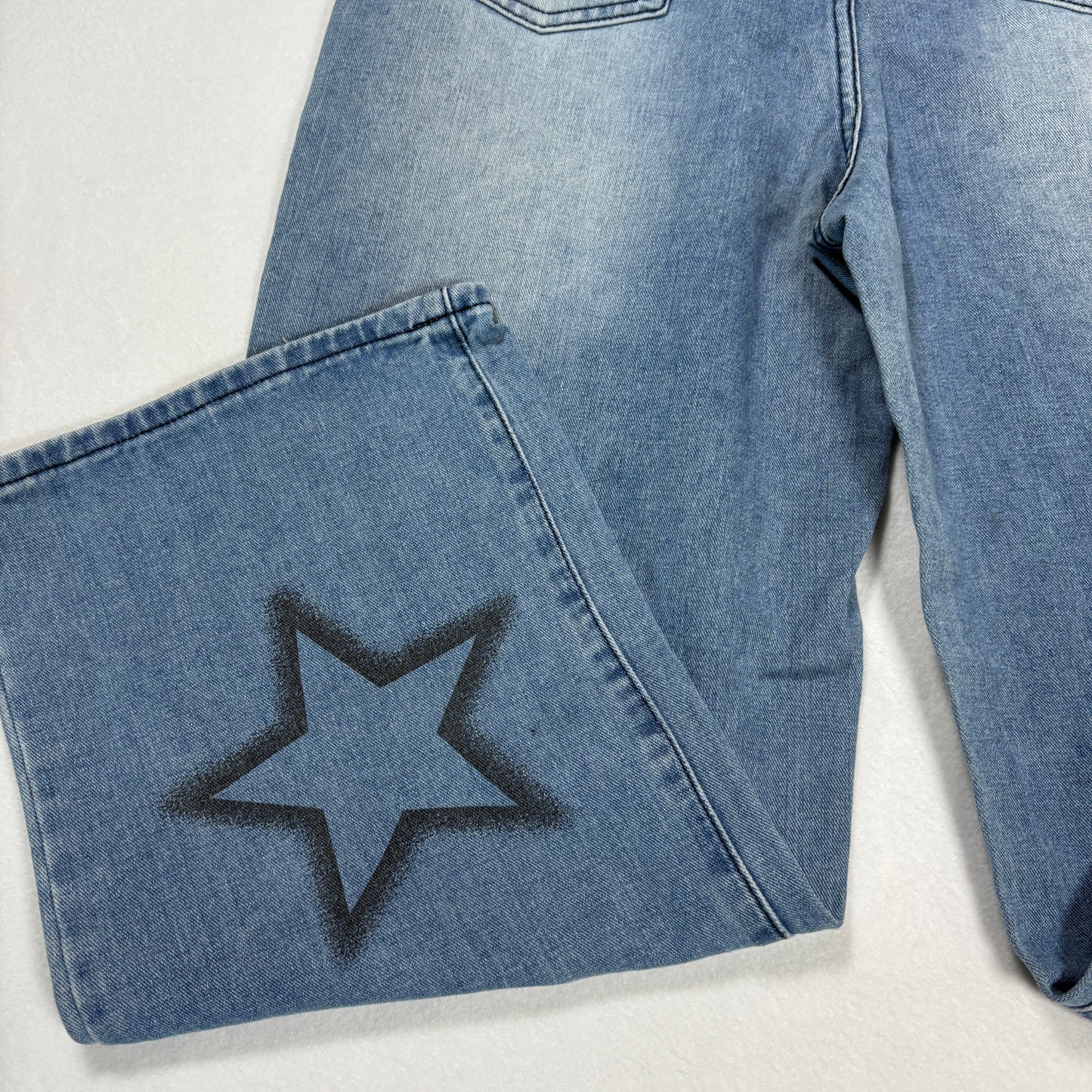 Shein Womens Blue Baggy Jeans Size S Y2K 90s Grunge Star Print Wide Leg Denim