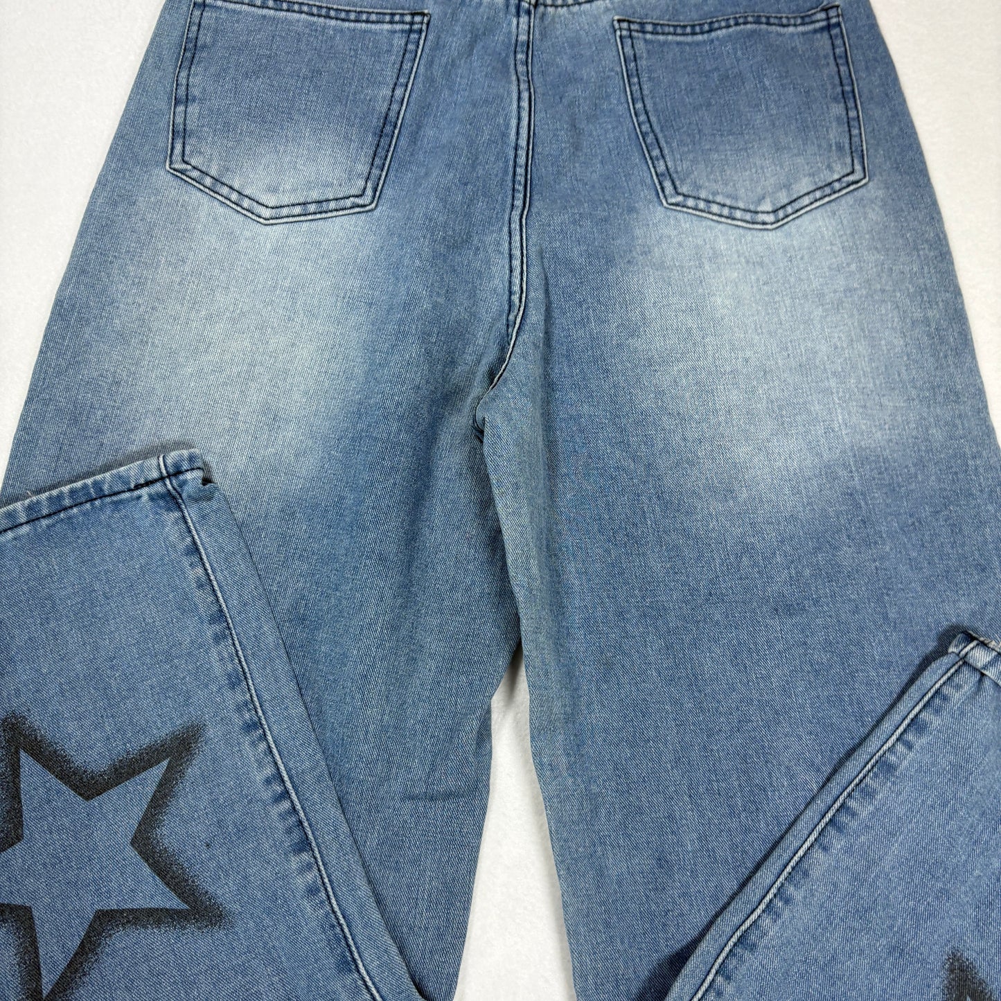 Shein Womens Blue Baggy Jeans Size S Y2K 90s Grunge Star Print Wide Leg Denim