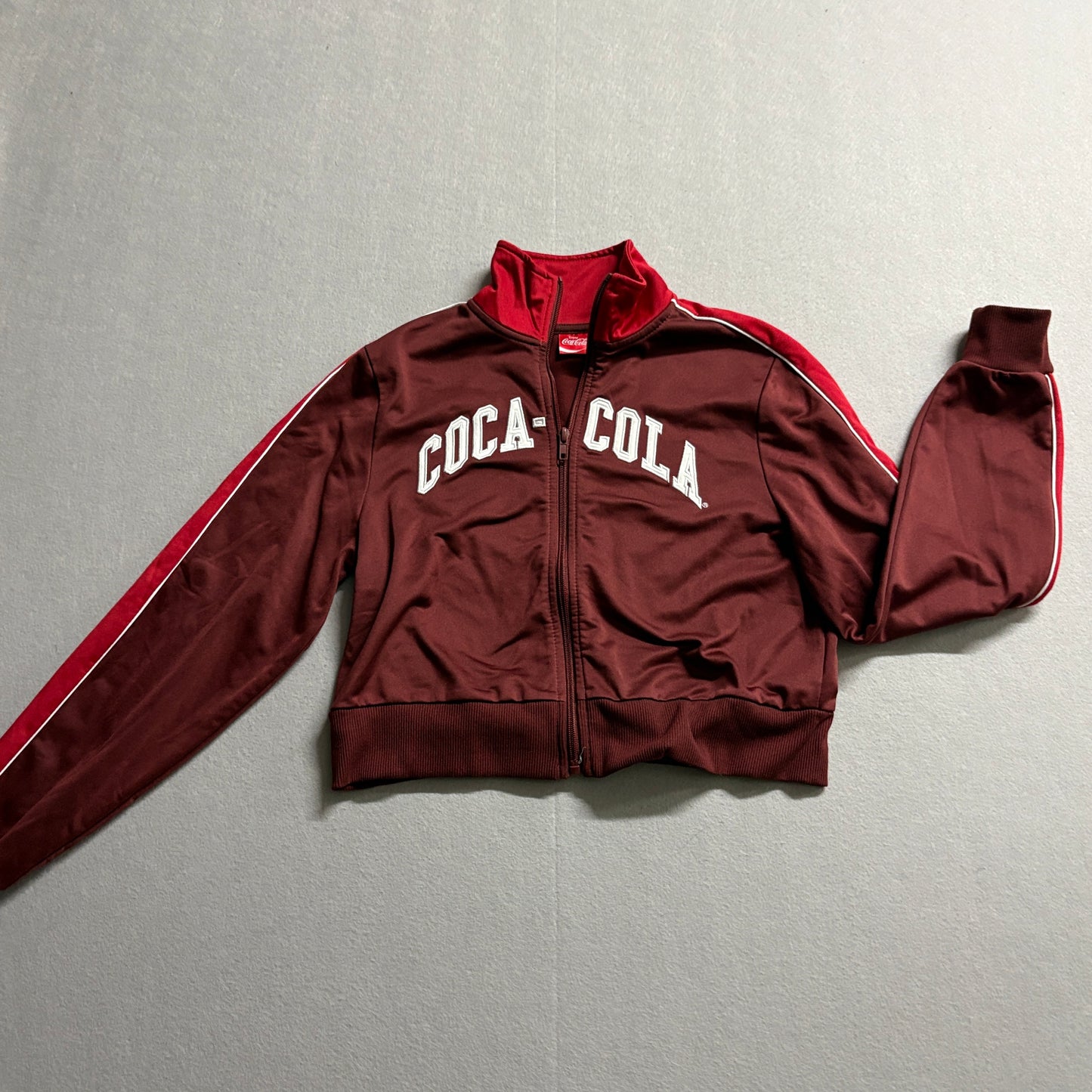Coca Cola Track Jacket Womens XS Y2K Zip Up Cropped Brown Red Retro Coke