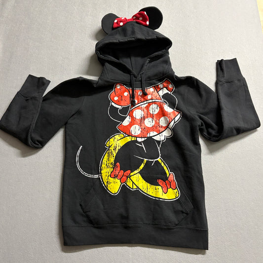 Disney Parks Minnie Mouse Hoodie Womens L XL Black Graphic Ears Pullover