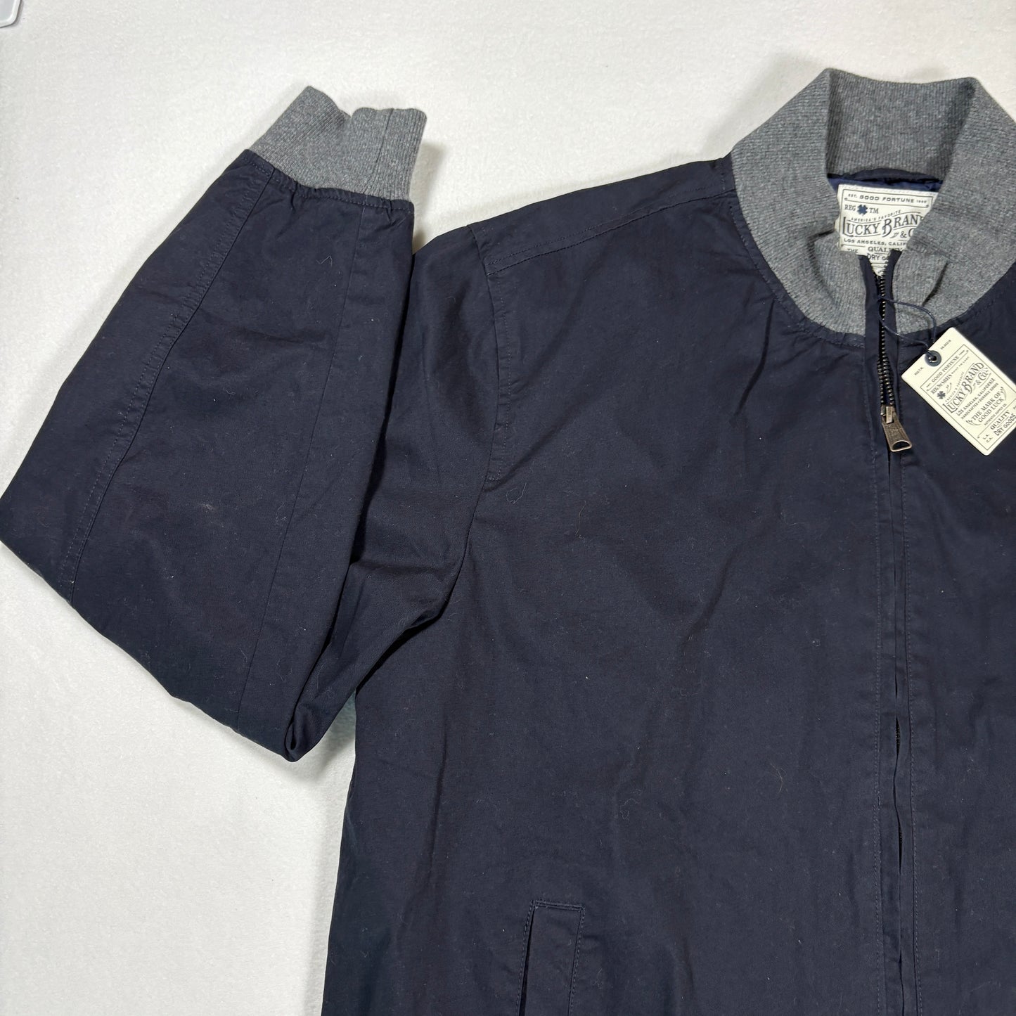 Lucky Brand Mens Jacket Size L Navy Blue Bomber Full Zip NWT $99 Rib Collar