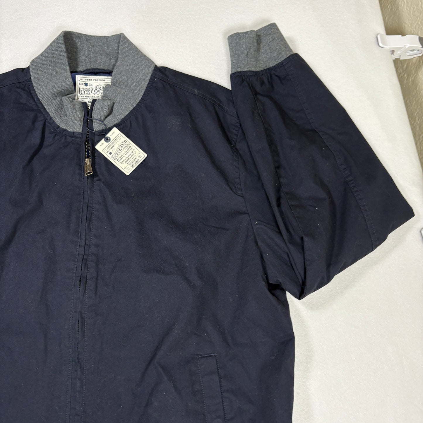 Lucky Brand Mens Jacket Size L Navy Blue Bomber Full Zip NWT $99 Rib Collar