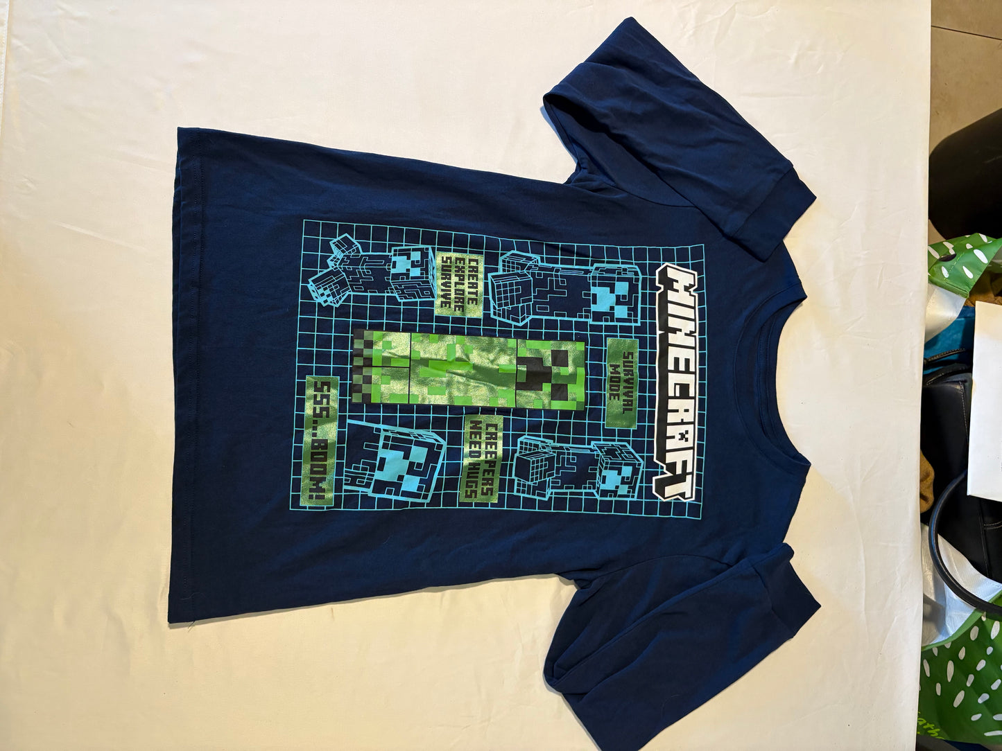 Minecraft Creeper Shirt Boys XL 18/20 Long Sleeve Survival Mode Blue Mojang Game