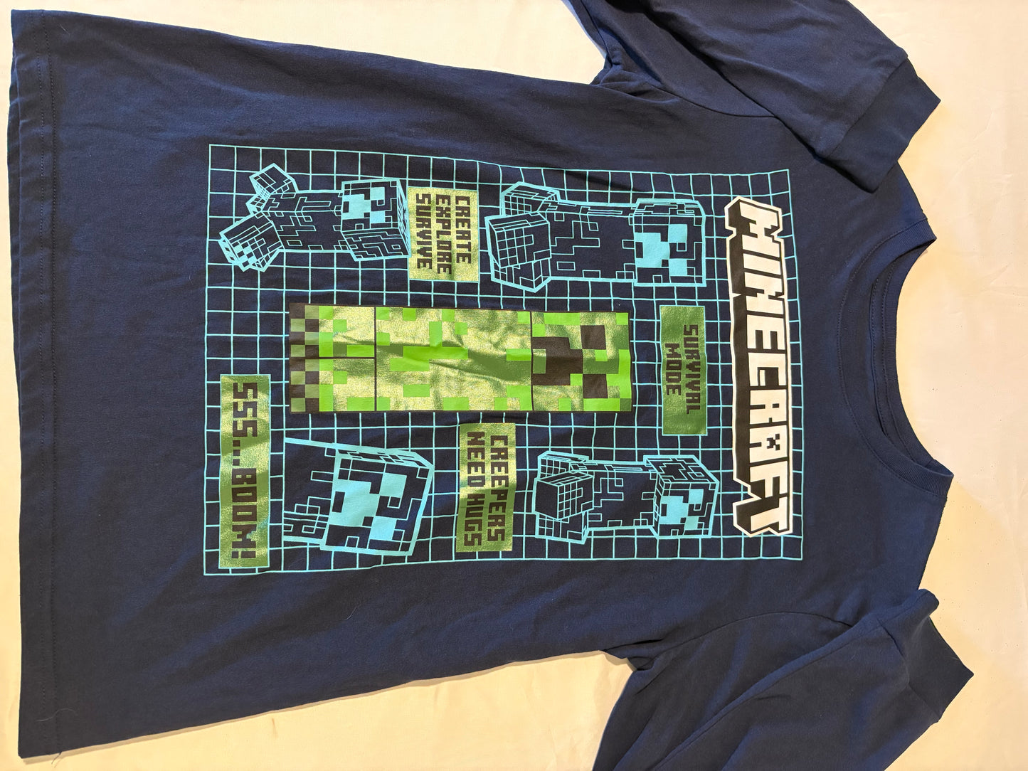 Minecraft Creeper Shirt Boys XL 18/20 Long Sleeve Survival Mode Blue Mojang Game