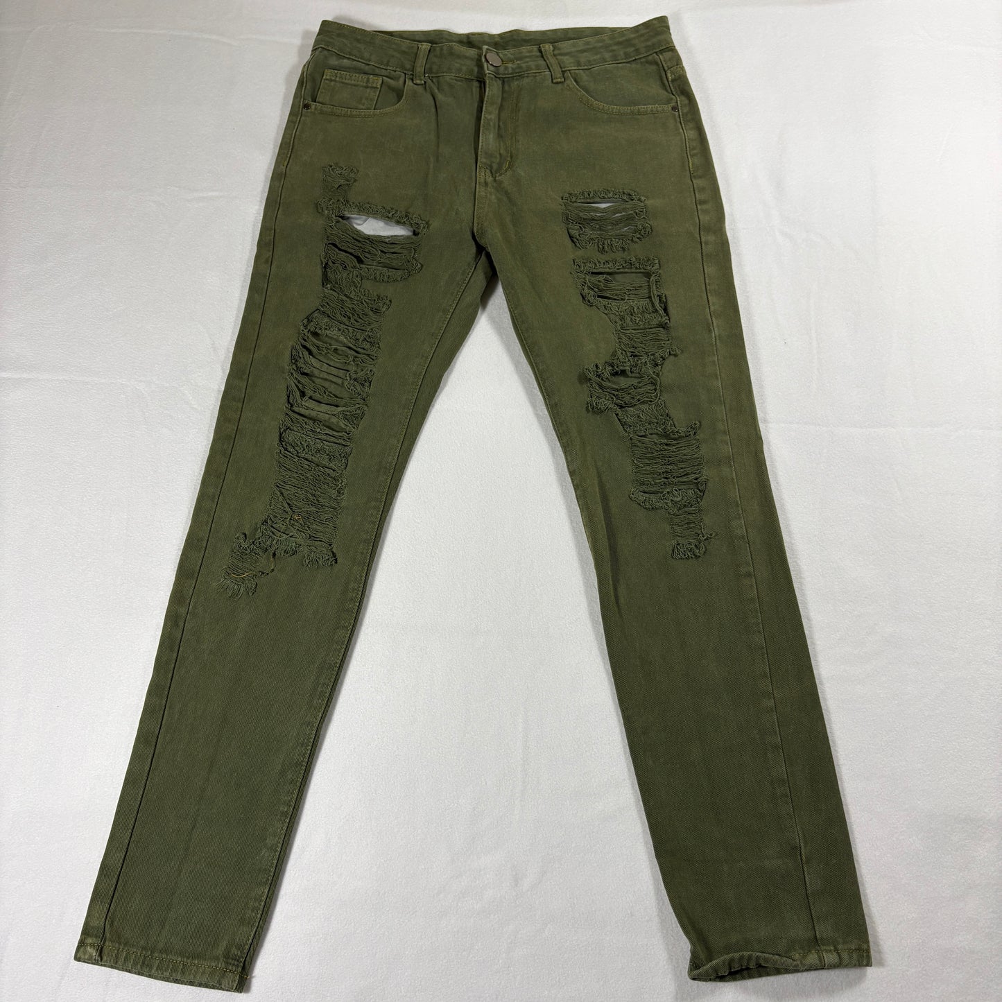 Distressed Olive Green Skinny Jeans Mens 30 Ripped Grunge Streetwear Retro Style