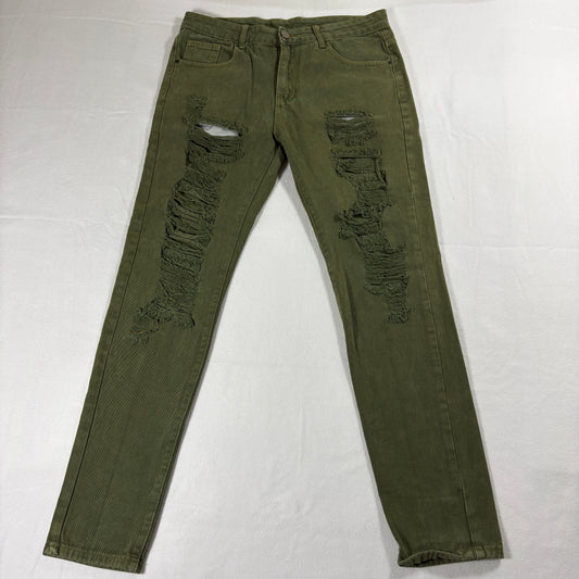 Distressed Olive Green Skinny Jeans Mens 30 Ripped Grunge Streetwear Retro Style