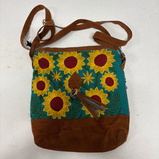 Sunflower Embroidered Crossbody Bag Boho Floral Faux Suede Hippie Purse