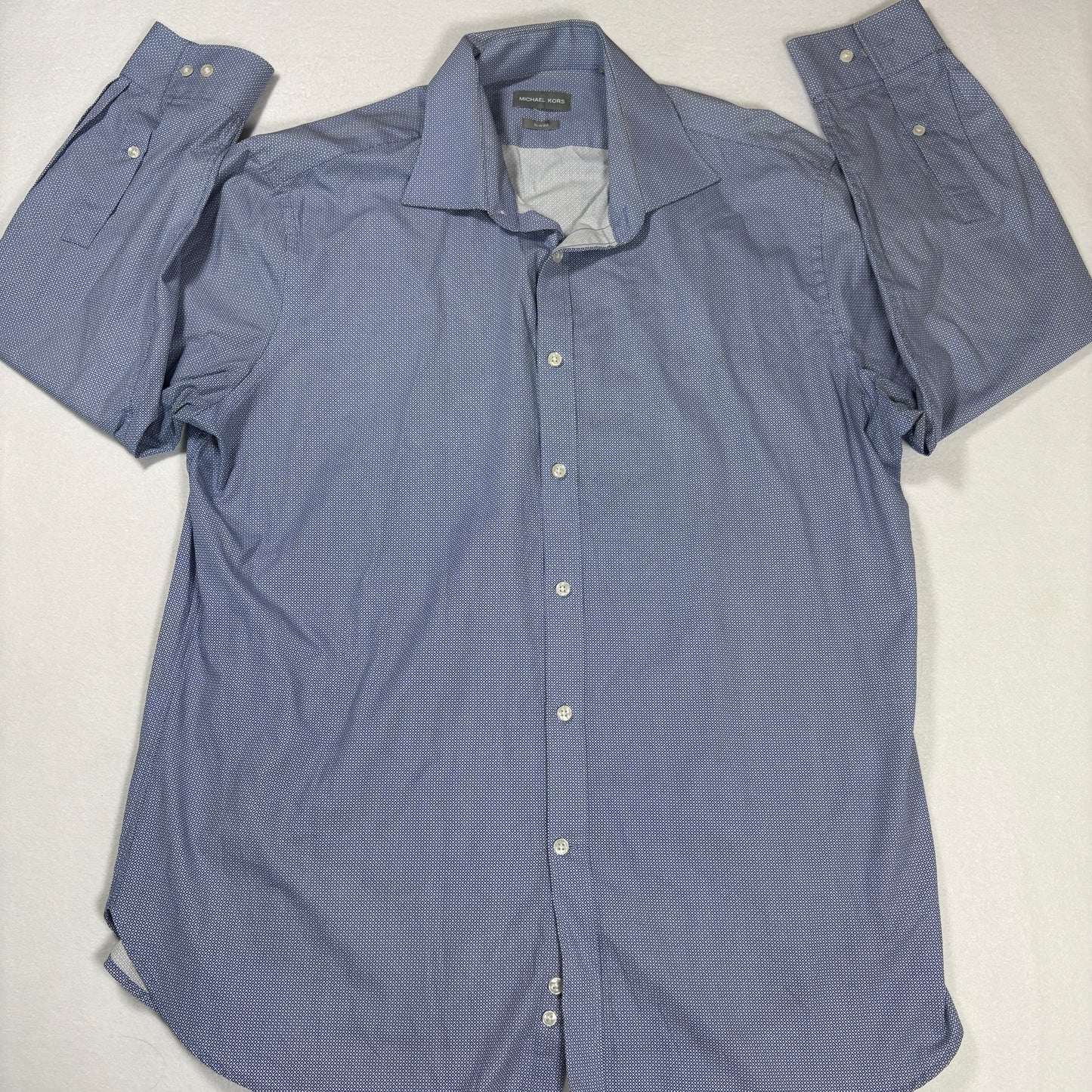 Michael Kors Mens Dress Shirt XL Blue Geometric Slim Fit Long Sleeve Stains