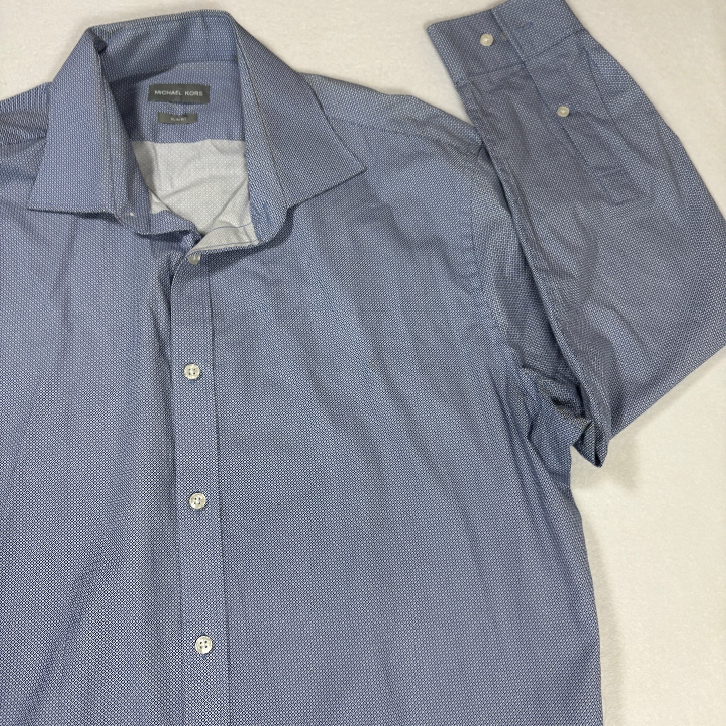 Michael Kors Mens Dress Shirt XL Blue Geometric Slim Fit Long Sleeve Stains