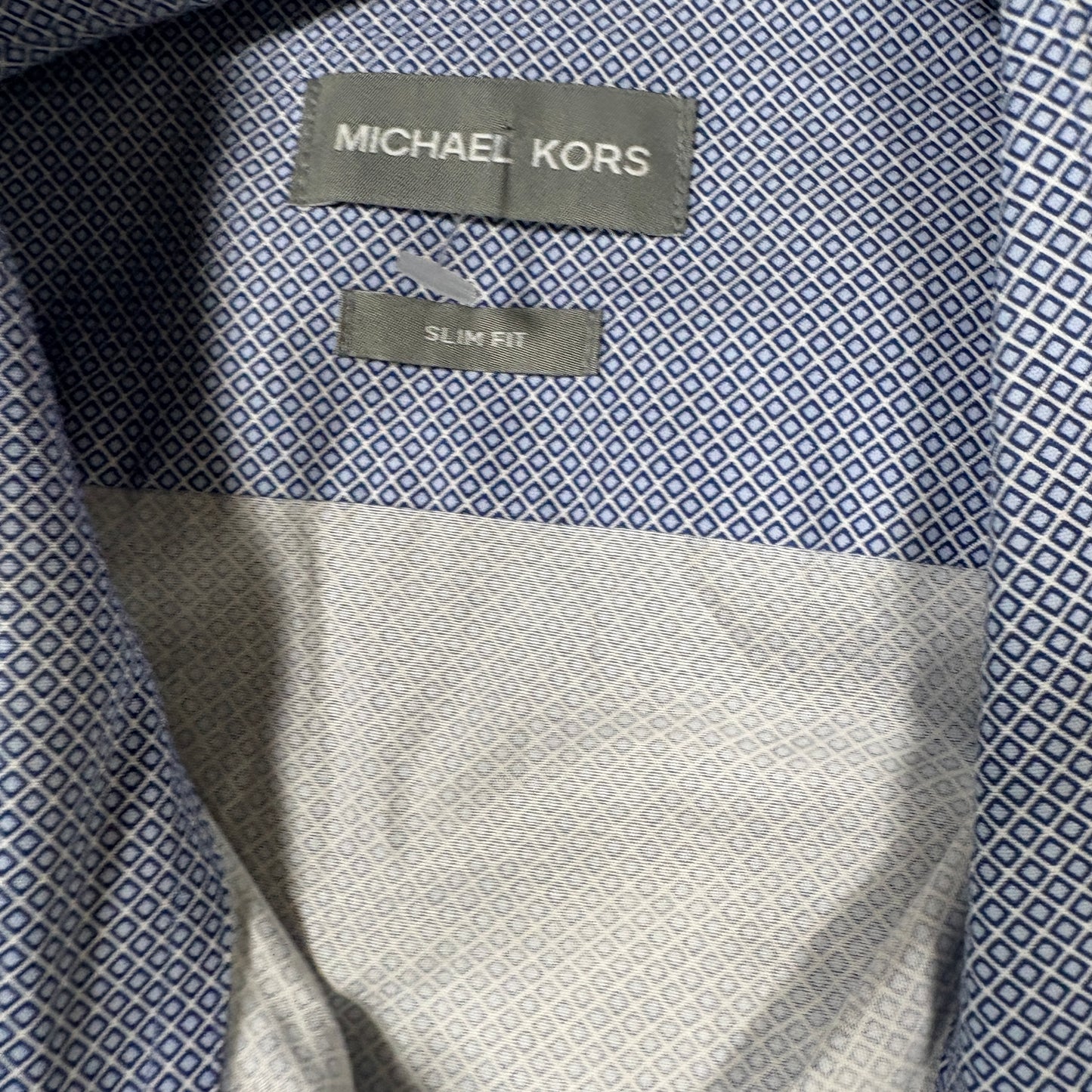 Michael Kors Mens Dress Shirt XL Blue Geometric Slim Fit Long Sleeve Stains