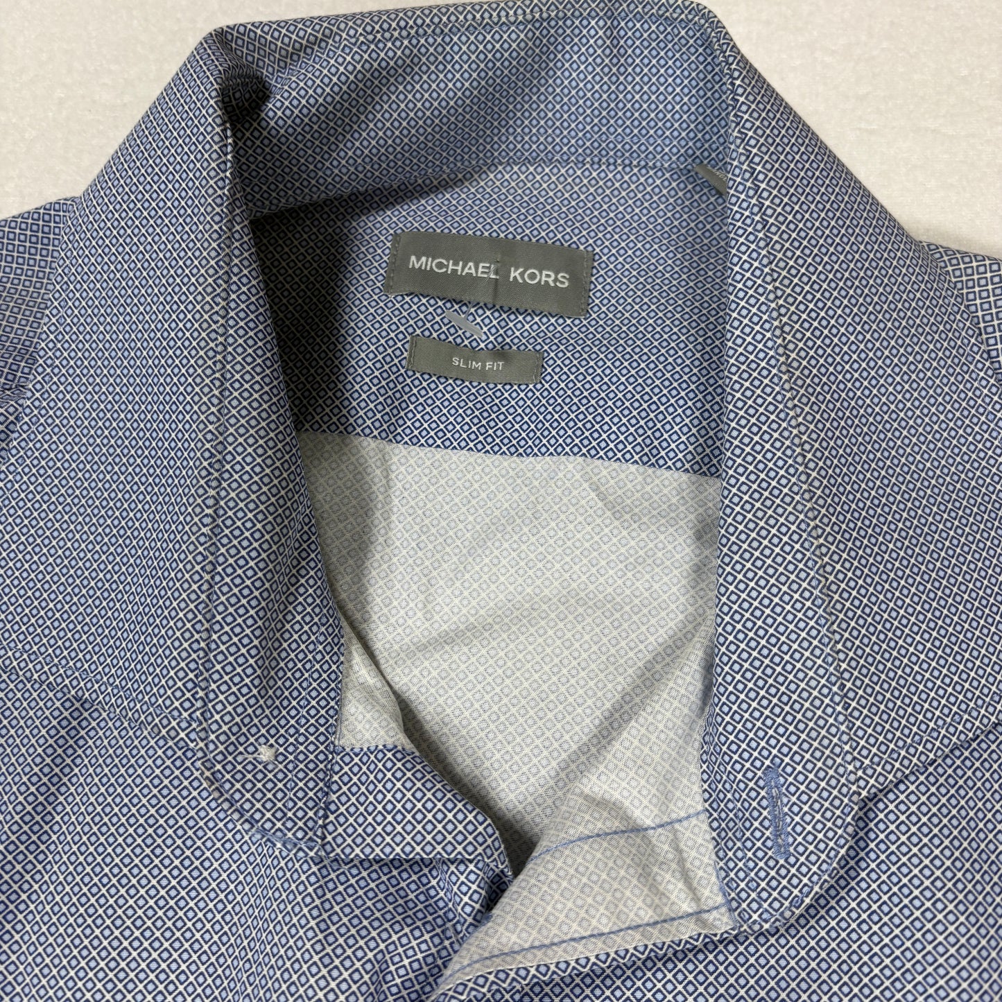 Michael Kors Mens Dress Shirt XL Blue Geometric Slim Fit Long Sleeve Stains
