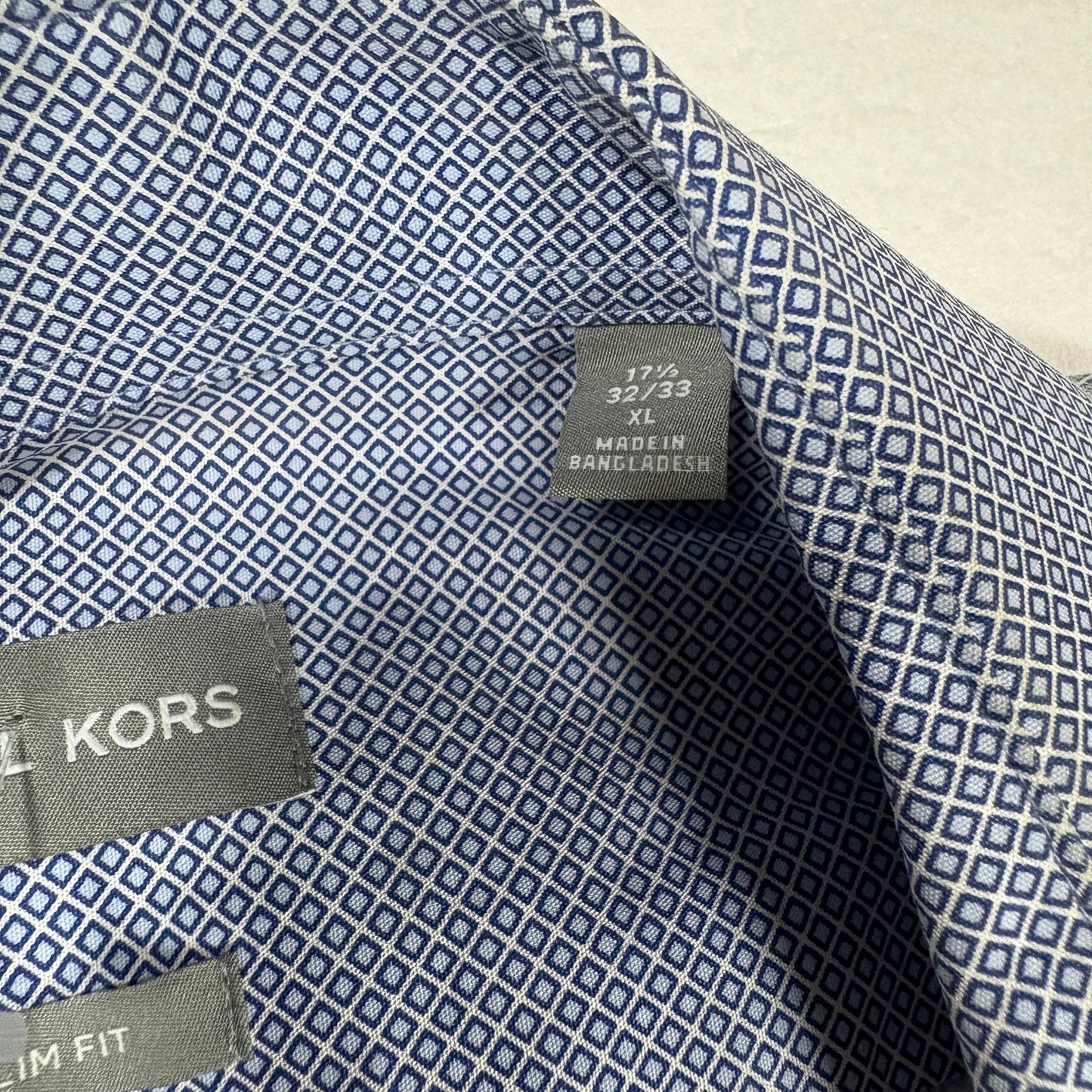 Michael Kors Mens Dress Shirt XL Blue Geometric Slim Fit Long Sleeve Stains