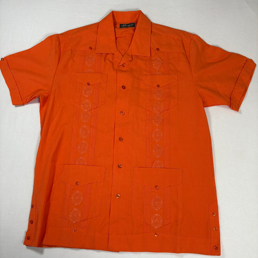 Successo Uomo Mens Guayabera Shirt L Orange Cuban Fiesta Short Sleeve Embroidered