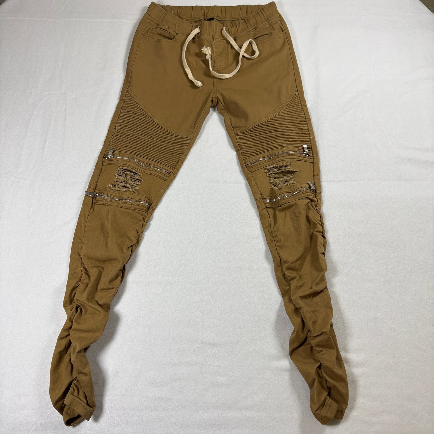 Moto Jogger Pants Mens M Tan Biker Distressed Zipper Streetwear Skinny Fit Y2K Retro