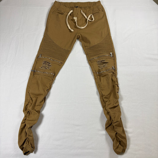 Moto Jogger Pants Mens M Tan Biker Distressed Zipper Streetwear Skinny Fit Y2K Retro