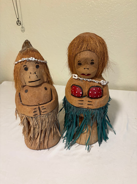 Vintage Hawaiian Coconut Doll Pair Handmade Hula Hukilau Tiki Souvenir
