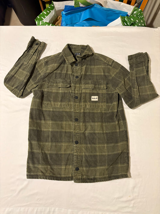 Hurley XL Corduroy Shirt Jacket Olive Green Plaid Shacket Button-Up Mens