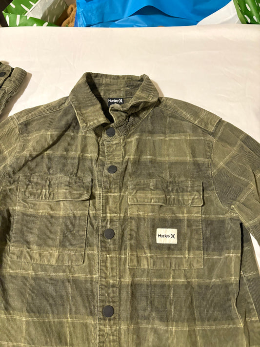 Hurley XL Corduroy Shirt Jacket Olive Green Plaid Shacket Button-Up Mens