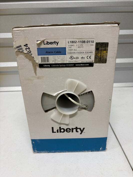 Liberty Alarm Cable 18 AWG 2 Conductor CMP White 1000Ft Box L1802-1108
