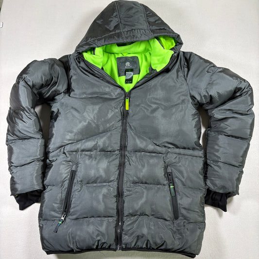 Champion Mens Puffer Jacket XL Black Neon Green Hooded Warm Winter Coat Tear