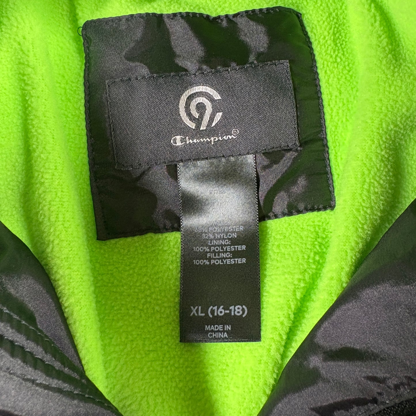 Champion Mens Puffer Jacket XL Black Neon Green Hooded Warm Winter Coat Tear