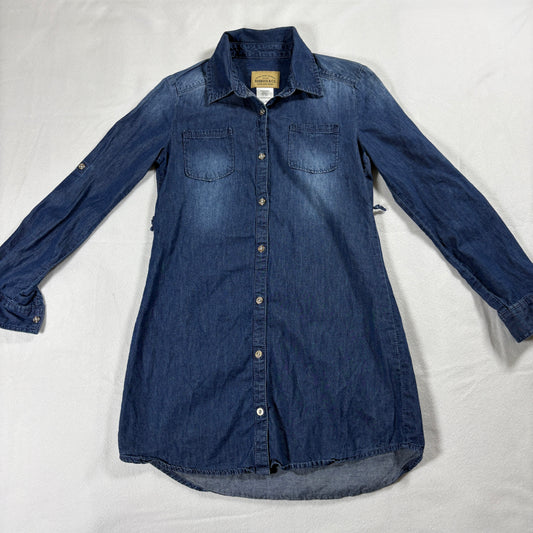 Womens Denim Shirt Dress L Long Sleeve Chambray Vintage Style Tunic Casual Blue