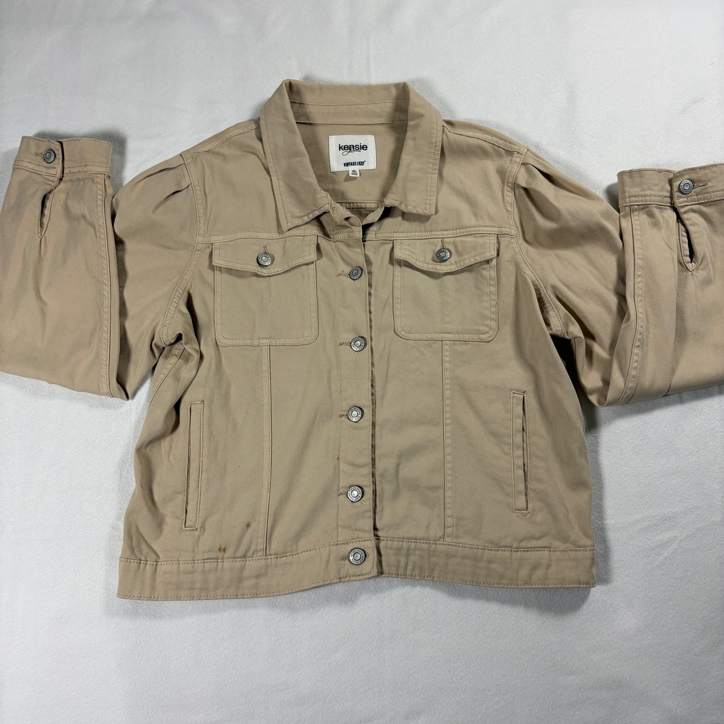 Kensie Jeans Jacket Womens XL Beige Button Front Casual Retro Utility Style Stained