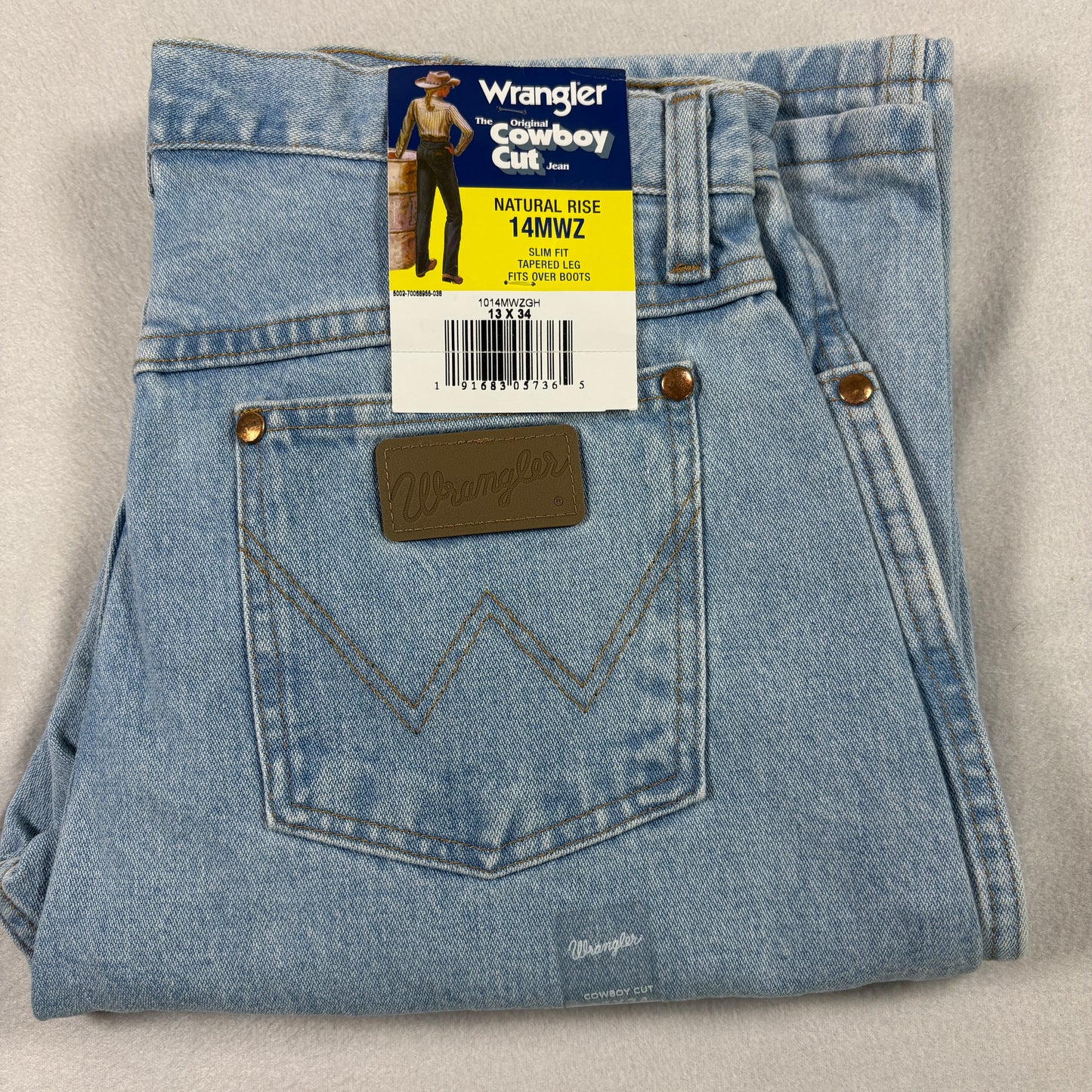 NWT Wrangler Mens Cowboy Cut 14MWZ Jeans 13X34 Light Wash Slim Fit Vintage