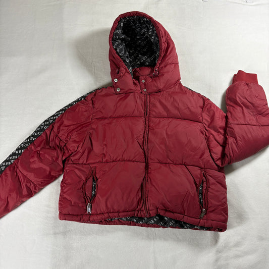 Guess Los Angeles Mens Large Puffer Jacket Red Hooded Y2K Streetwear Logo Coat
