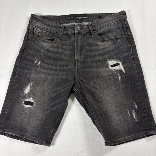 Guess Denim Shorts Mens 33 Black Slim Distressed Ripped Jean Short Y2K Street