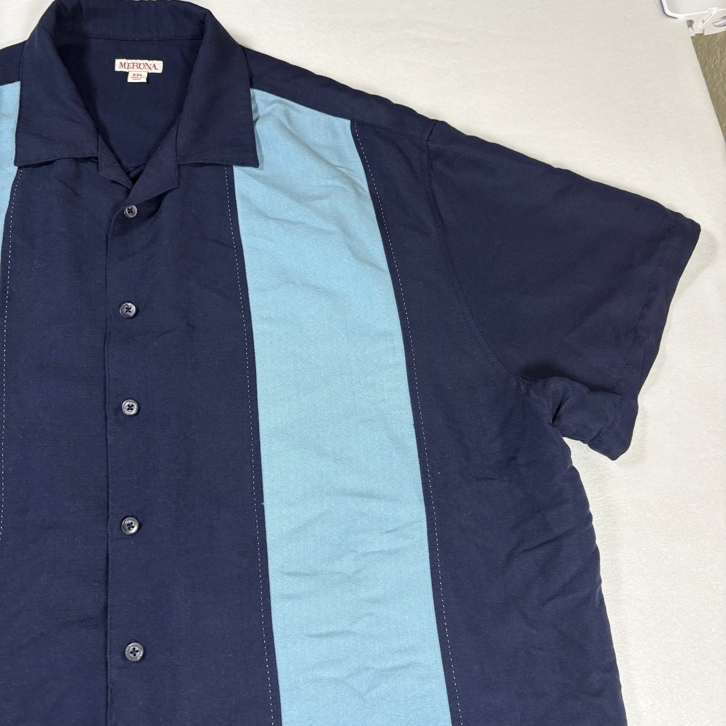 Merona Mens XXL Button Shirt Navy Blue Two Tone Bowling Y2K Retro Camp Collar