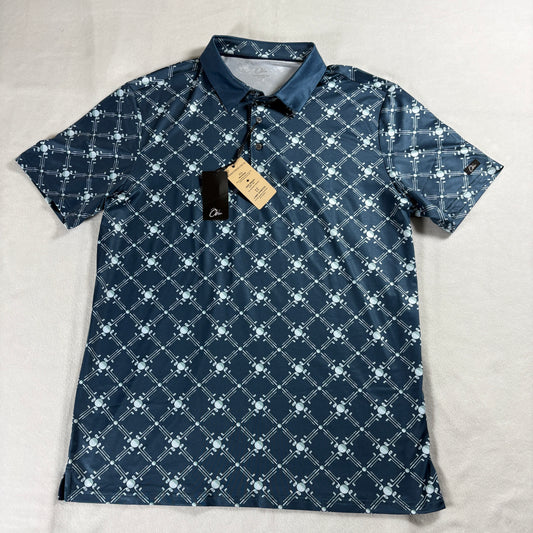 Obla Mens L Performance Golf Polo Shirt Blue Pattern Moisture Wicking UPF50+ NWT