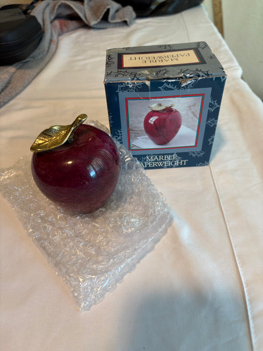Vintage Marble Apple Paperweight Red with Gold Stem & Leaf w/ Box