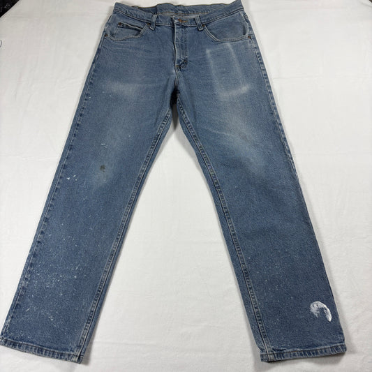 Wrangler Jeans Men 33x30 Blue Denim Paint Splatter Workwear Grunge Vintage Style