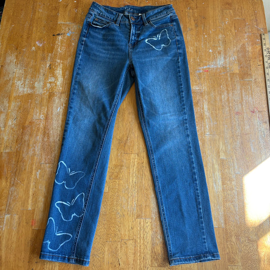 Y2K Butterfly Denim Jeans Straight Leg Tag 4 Fits Like 26X27 Blue Grunge Art