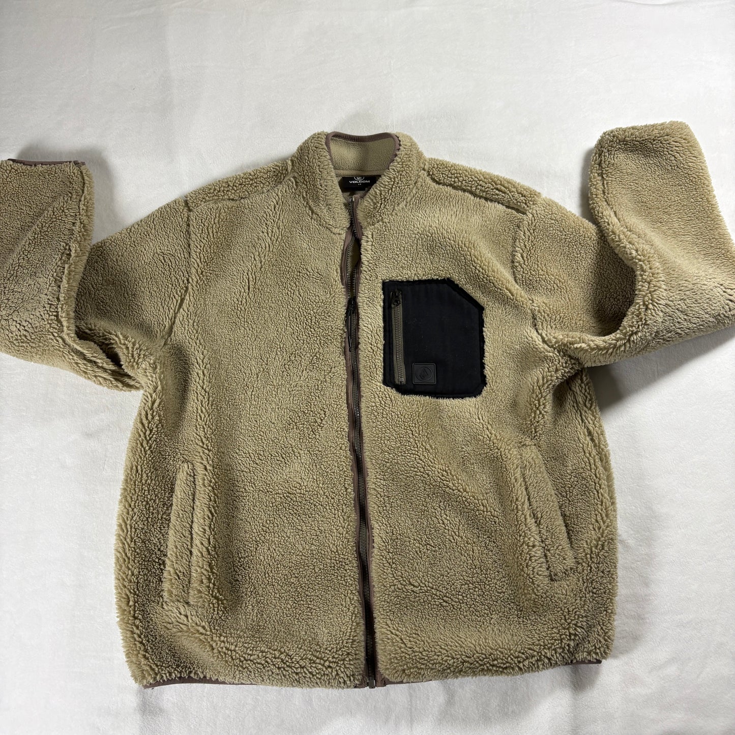 Volcom Sherpa Fleece Jacket Mens Large Tan Full Zip Streetwear Outdoor Cozy