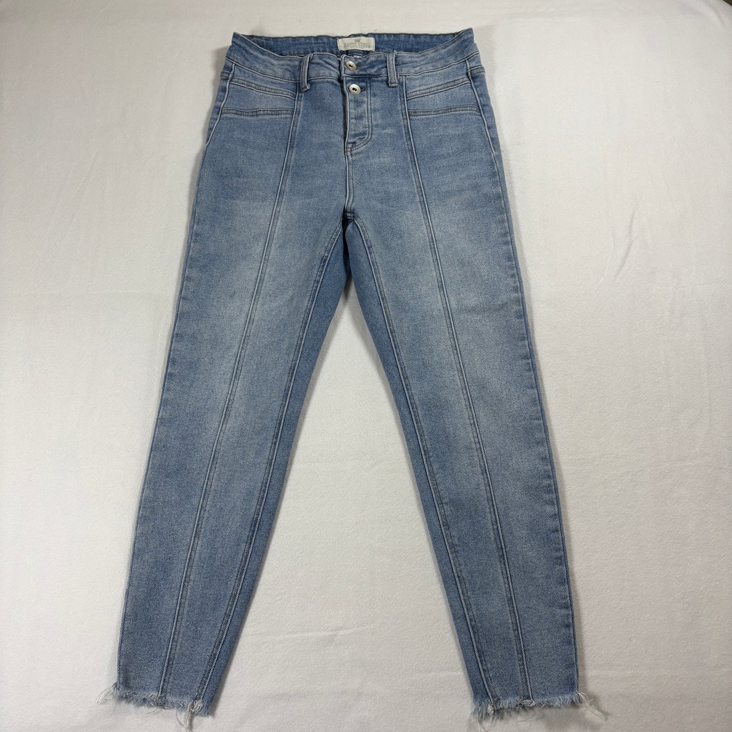 Haute Curve Jeans Womens 14 High Rise Light Wash Skinny Button Fly Frayed Hem