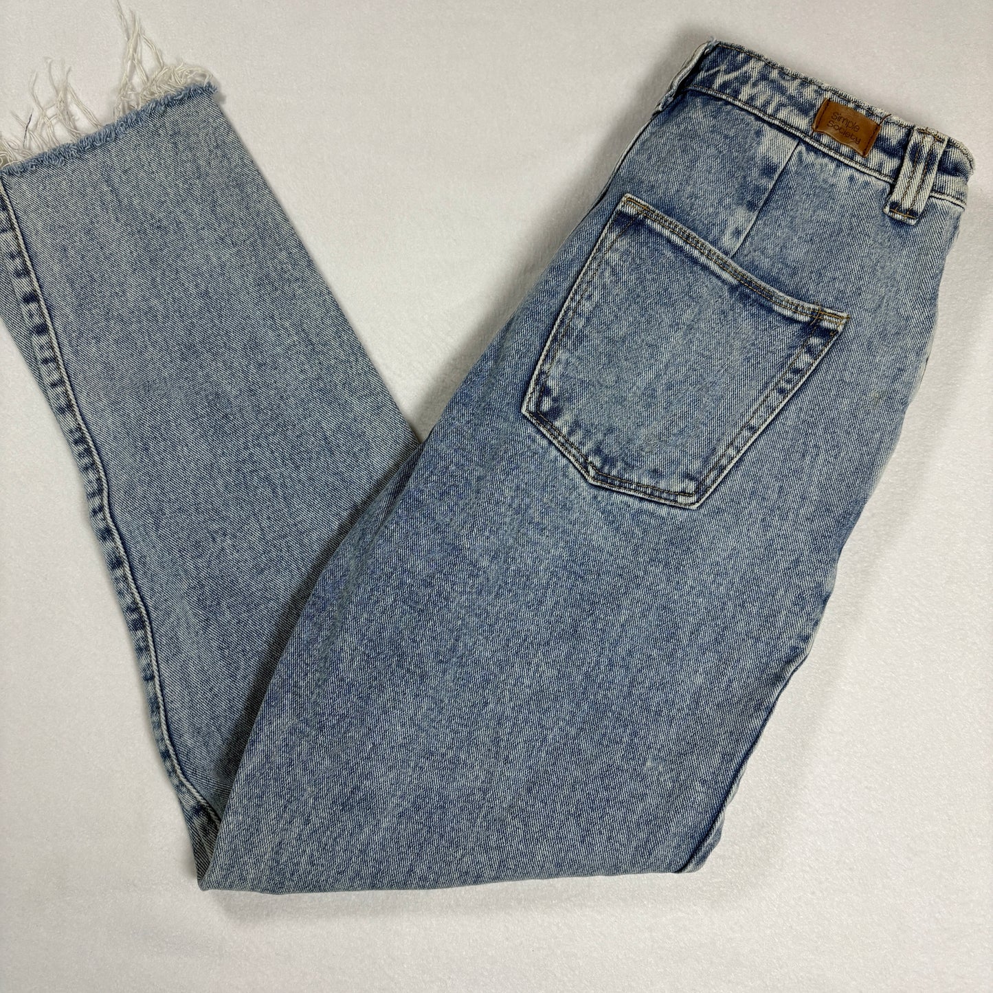 Simple Society Jeans Womens High Rise Button Fly Blue Denim Frayed Hem Baggy
