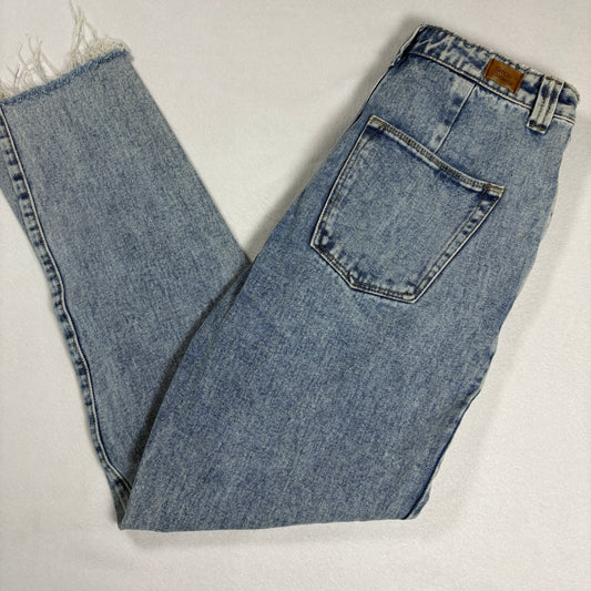 Simple Society Jeans Womens High Rise Button Fly Blue Denim Frayed Hem Baggy
