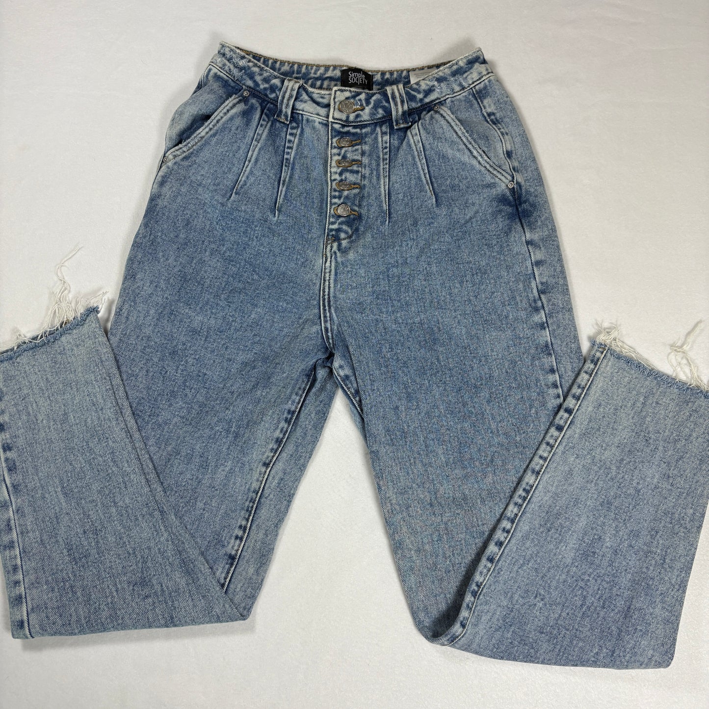Simple Society Jeans Womens High Rise Button Fly Blue Denim Frayed Hem Baggy